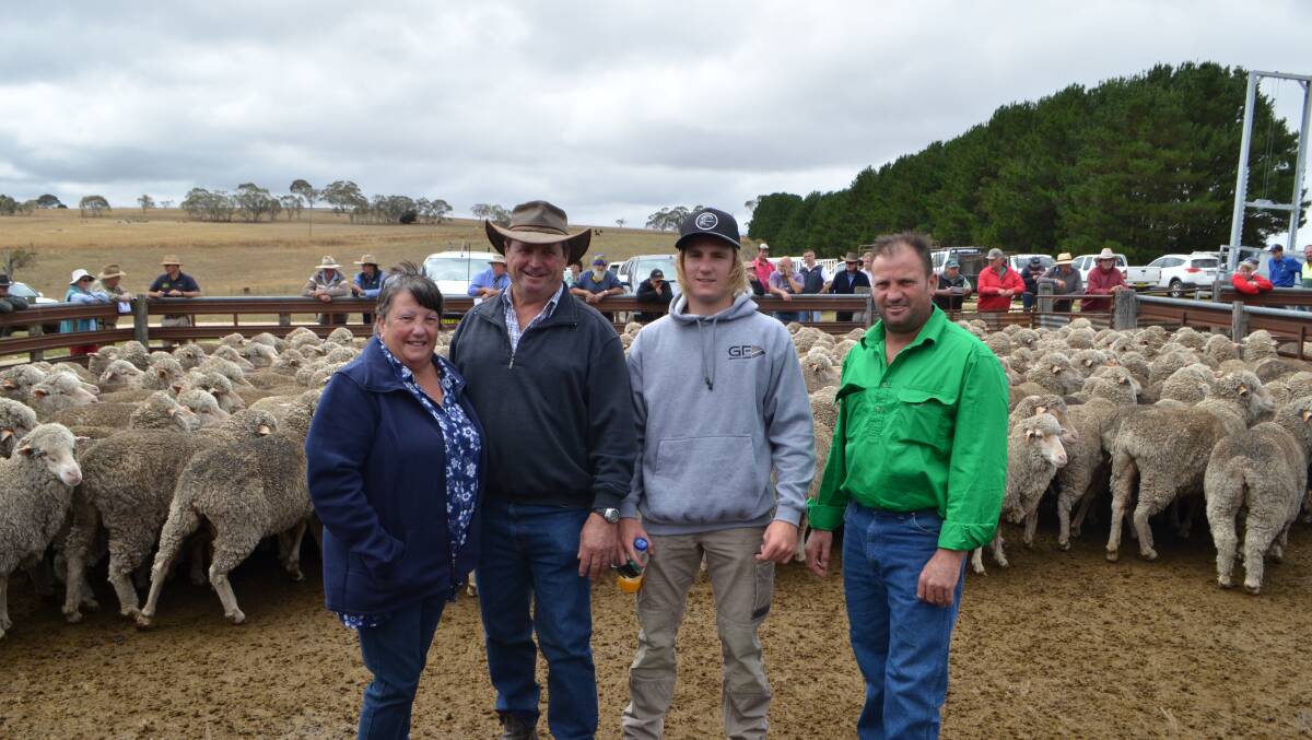 Pam, Warren, Lachlan and David Bruce, "Corella", Bombala, sold this pen of 215 six and half year Merino ewes, Corella-blood, June shorn for $142.