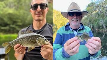 David Lee and Garry McKeahnie with their first Australian bass caught at last weekend's Brogo Big Bass fishing competition. Pictures supplied