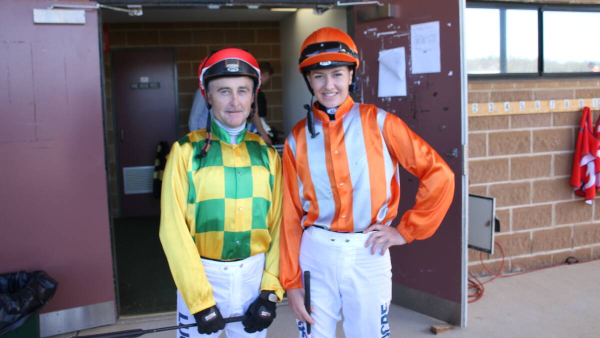 READY TO RACE: Jockeys Michael Heagney and Carly Frater-Hill take a moment before the Bombala Times Benchmark 61.