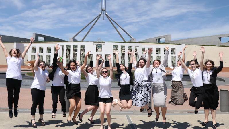 Power trip: The 2016 finalists of the Country to Canberra competition celebrate their arrival at Parliament House. Entries are now open for 2017.