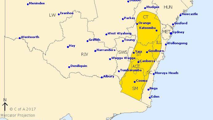 Bureau of Meteorology map issued on September 13, outlining the area where a severe weather warning, due to forecast damaging winds, has been issued. 