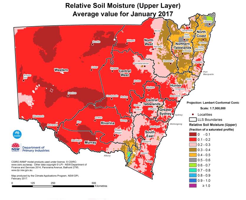 DRY COUNTRY: The relative soil moisture map for January 2017 shows most of NSW had levels of 0.1. to 0.2. Picture: DPI