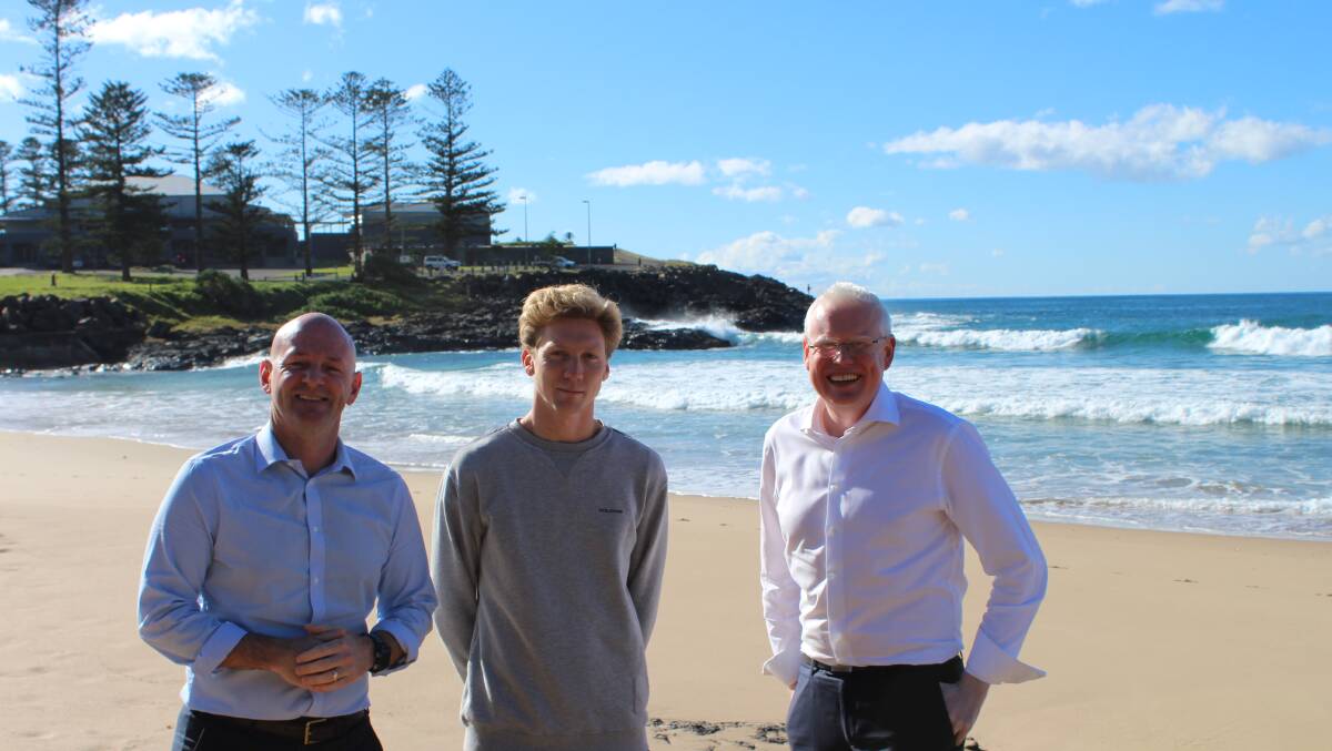 Parliamentary Secretary for the Illawarra and South Coast Gareth Ward with the NSW Minister for Primary Industries Niall Blair and local shark attack survivor Brett Connellan of Kiama Downs announcing the shark listening stations coming to five South Coast locations. 