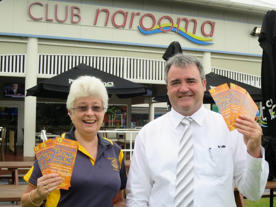 Narooma Rotarian Chris O’Brien and Narooma Sporting & Services Club general manager Tony Casu are both excited that the club will be a major sponsor of the Narooma  Regional Championship of the Australian National Busking Championships on Saturday, May 27. 