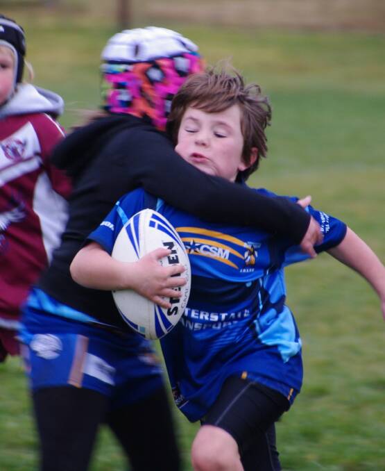 TOUGH GAME: Bombala U8 Junior Rugby League player Ari Sten was unlucky not to score tries during their game against Tathra on Saturday.