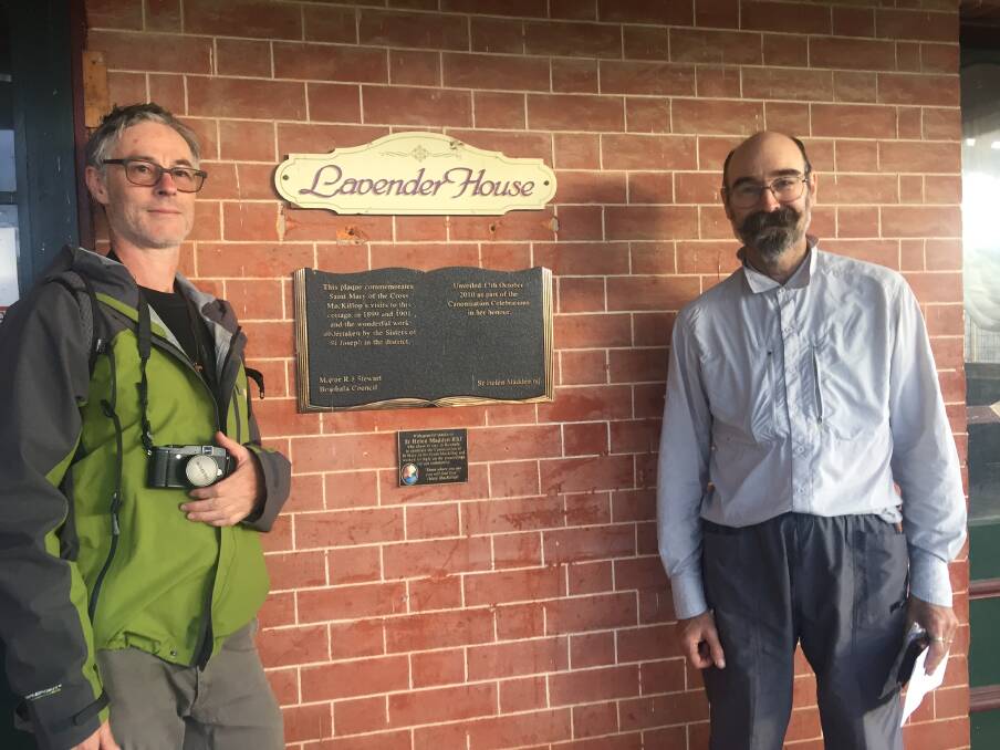 PILGRIMAGE: Visiting Bombala David Schutz and Sean Deany, of Melbourne, on their pilgrimage which will lead them to Mary MacKillop Hall in Eden today. Picture: Paul Coghlan