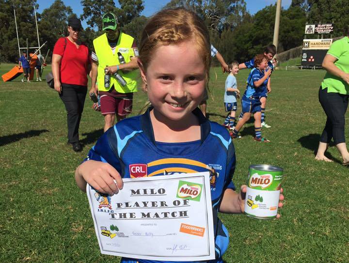 Tanner Hurley won the Milo Player of the Match during her U8 rugby league game against the Bay Tigers at Batemans Bay on Saturday.