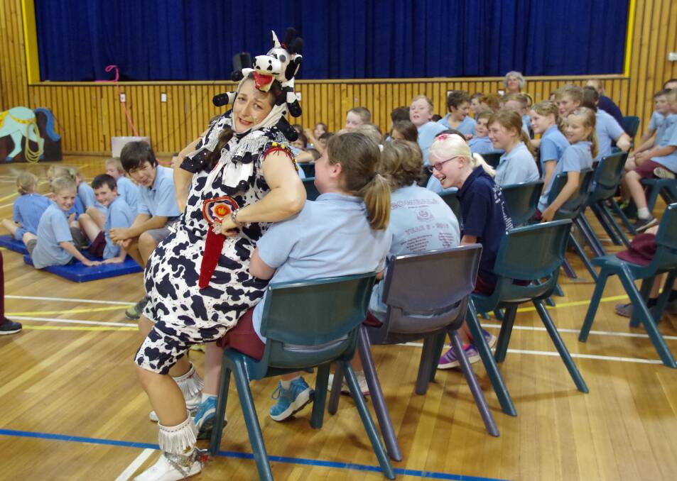 SCHOOL RODEO:  Heidi entertains Bombala Public School pupils with her Rodeo Circus Events that visited school on Thursday.