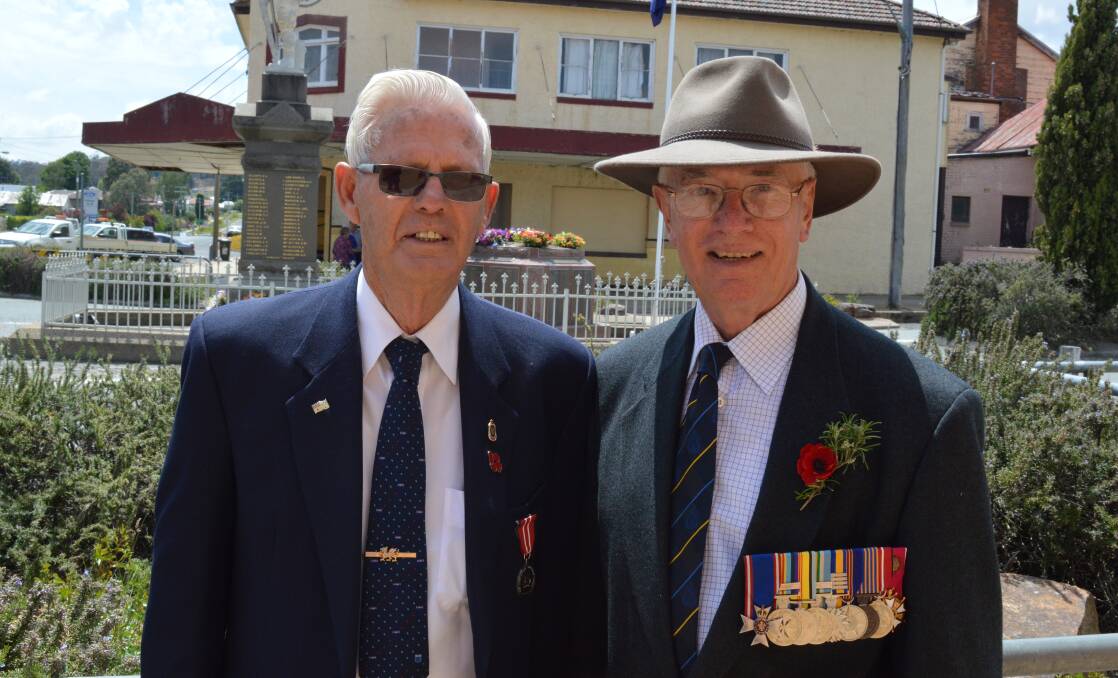 Bombala RSL sub-branch member John Martin with president Rob Letts after the Remembrance Day commemoration service at the Bombala Cenotaph.