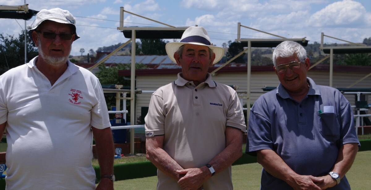 Bombala lawn bowlers Kevin Callaway, Coopie Baker, and the infamous Mr X get ready to lay down a few bowls at the club on Saturday.