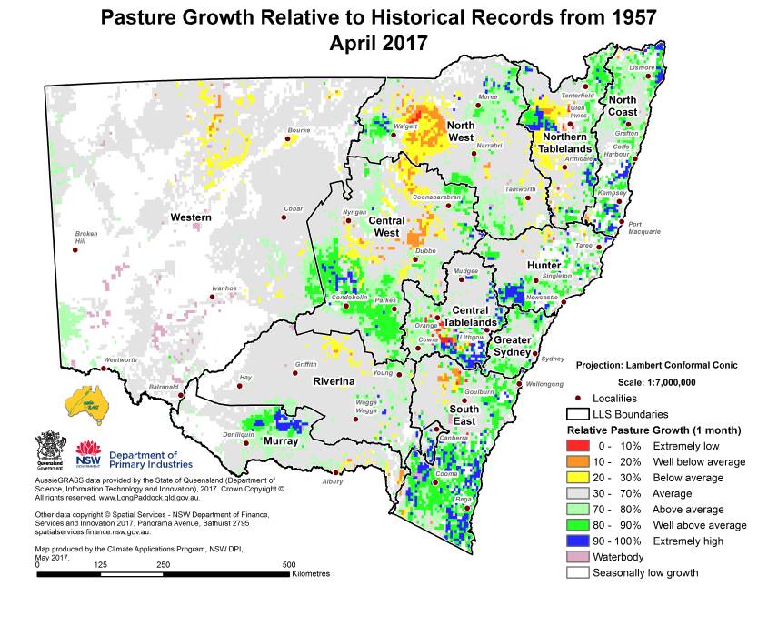 DPI: Pasture growth relative to historical records from 1957 - April 2017 map.