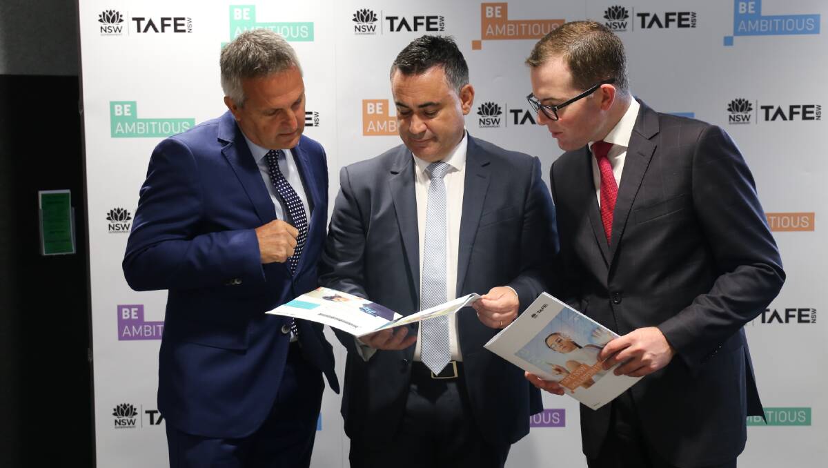 SKILLS: Managing Director TAFE NSW Jon Black with NSW Deputy Premier and Member for Monaro John Barilaro and Assistant Minister for Skills Adam Marshall at Queanbeyan TAFE.