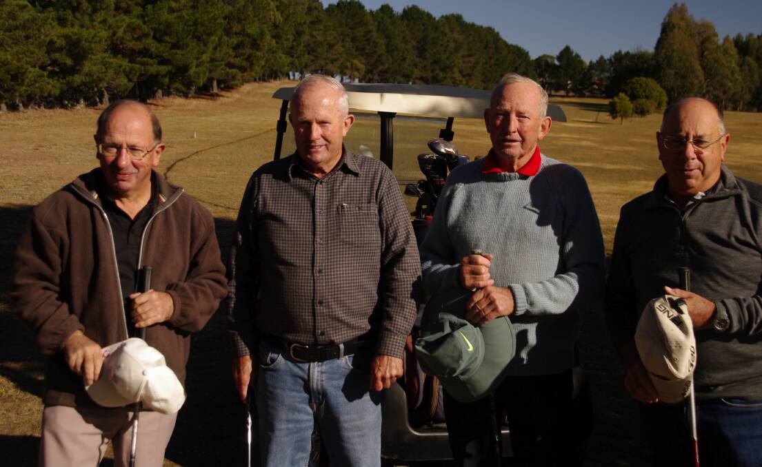 Greg Abraham, Pepper Thompson, Ross Thompson and David Abraham prepare to tee-off in the Bombala Men's Open Tournament on the weekend.
