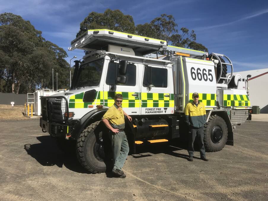 Bendoc Forest Fire Operations officers, Shaun Cottrell and Brad Stevens proudly showing off Bendoc's new Unimog.  In Gippsland there are Unimogs at Heyfield, Noojee, Swifts Creek, Bendoc, Dargo, Erica, Briagolong, Orbost and Bairnsdale. 
