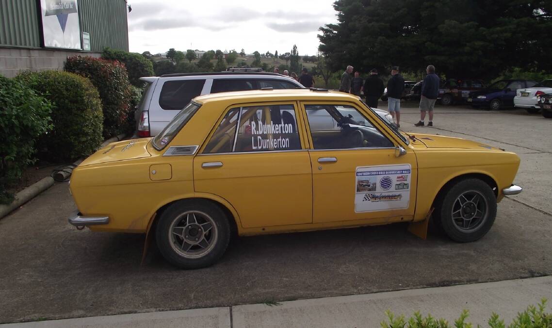 SOUTHERN CROSS RALLY: Ross and Lisa Dunkerton’s Datsun 1600 at Cooma Car Club clubhouse on Friday morning before heading off to compete on Jones Plain Road. (photo by Jo Helmers).