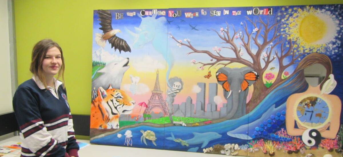 MAJOR WORK: Bombala High School HSC Design and Technology student, Ana Ponsford with her recycled environmental multimedia mural.