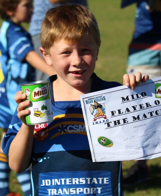 JUNIOR RUGBY LEAGUE: Bombala Junior Blue Heeler Joshua Tellis took out the Milo Player of the Match award during the U8s game against Bega on the weekend.