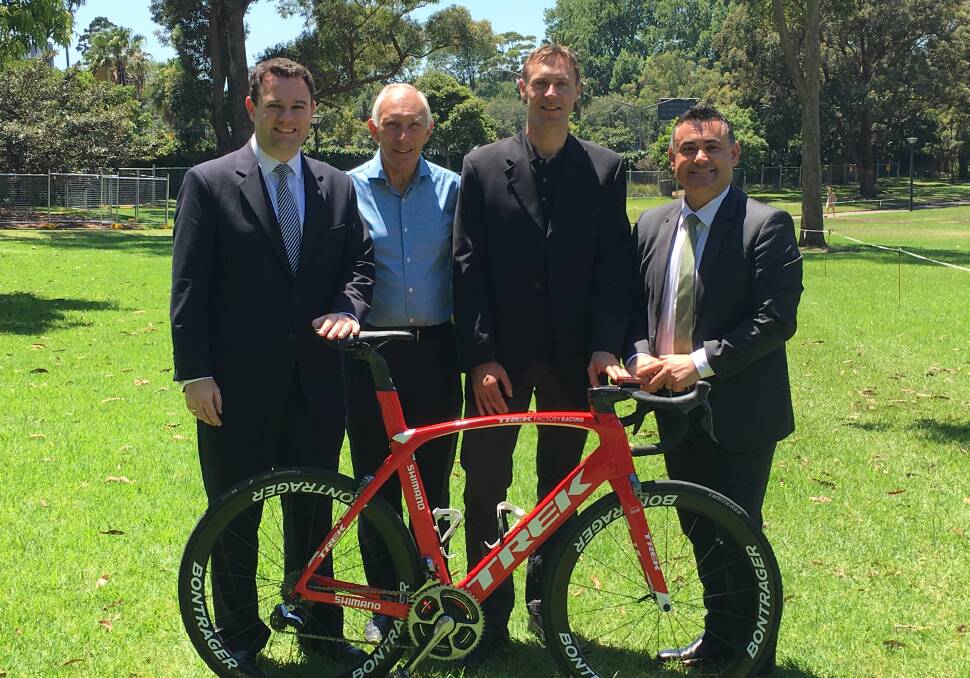 SNOWY CYCLE: Minister for Trade, Tourism and Major Events and Minister for Sport Stuart Ayres, SBS commentator Phil Liggett, cycling legend Jens Voigt and  Member for Monaro John Barilaro.