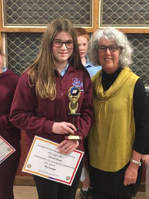 Bombala Public School student Shianne Towen, with Mrs Roberts, was presented an encouragement award at the Primary Principals public speaking evening.