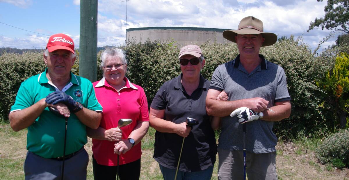 Herbie Elliot, Eva Le Strange, Heather Brown and Ross Brown get ready to play a round at Bombala golf course on Sunday.