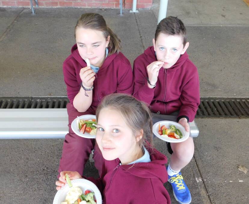 Bombala Public School students Maeya Olding, Reide Heffernan and Sophie Wood munching away on healthy food at the term three Fruit and Vegie Crunch Day.