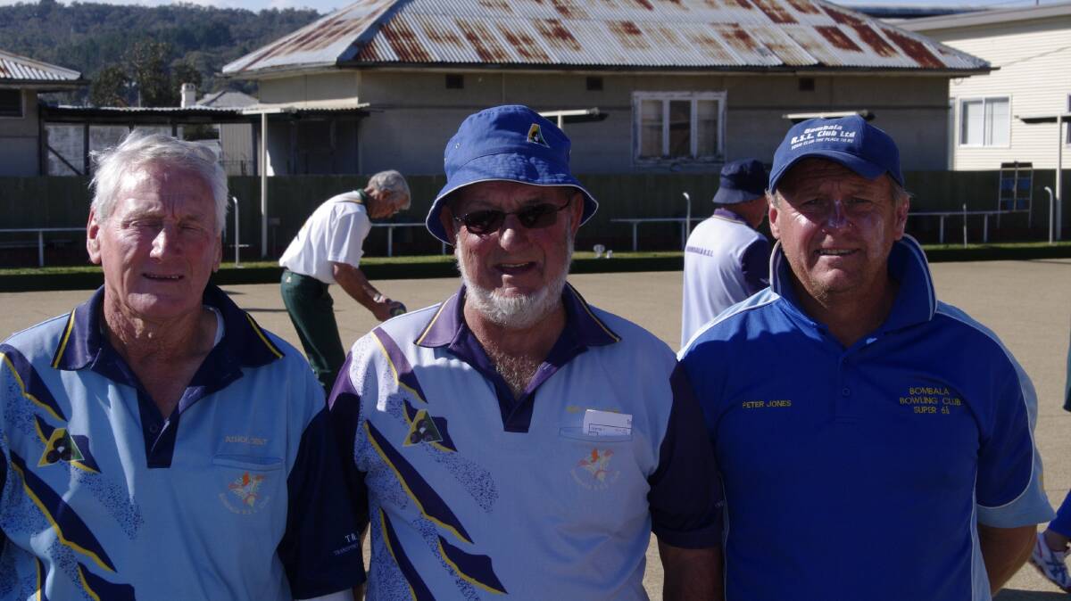 Bombala bowlers laying down a few bowls at the Bombala May Carnival were Athol Dent, Kev Callaway and Peter Jones at the RSL Club over the weekend.
