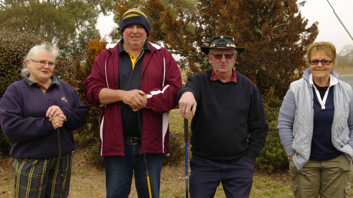 Bombala golfers Eva L'Strange, Leon Jones, Phillip McIntosh and Dawn Douch getting ready for a game of mixed pairs at the Bombala course on Sunday.