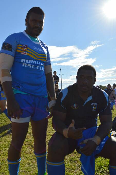 Bombala Blue Heelers Fijian contingent, Wame Belolevu and Saimoni Buinimasi preparing for their first grade game against the Narooma Devils in Narooma on Sunday.