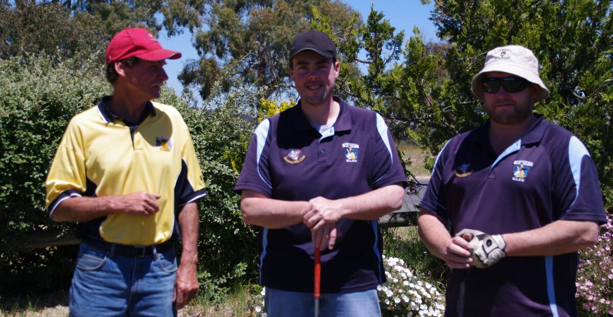 TEEING OFF: Getting ready to tee-off at Bombala Golf Course last weekend were golfers Brendon Weston, Joel Cherry and Korie Elton.