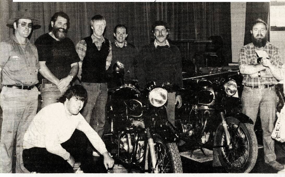 GOLDEN OLDIE: Motor bike enthusiasts Glen Bray, Bob Walder, Mick Trevor, David Paxton, Gary Jackson, Euan McKinnell and David Goodyer at the 1991 Bombala Bike Show.