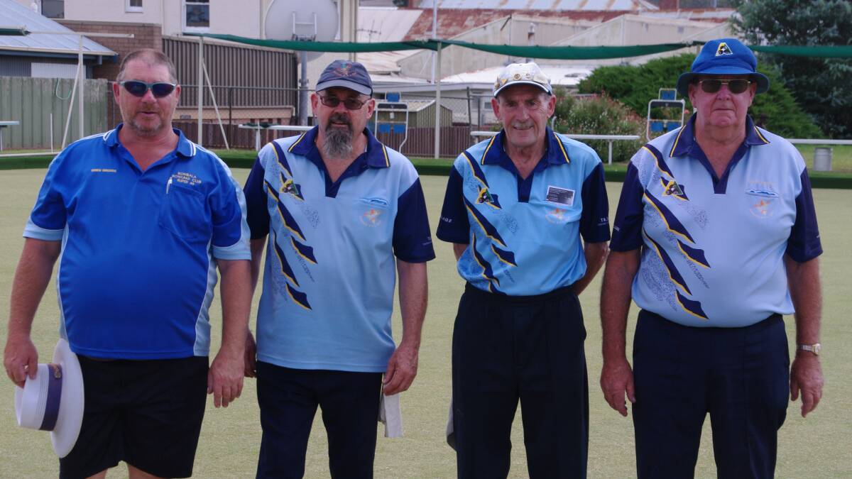 BOWLS RUNNERS-UP: Bombala bowlers Greg Griggs, John Lomas, Pat Lomas and Barry Crouch were defeated in the club Four's Championship on Saturday.