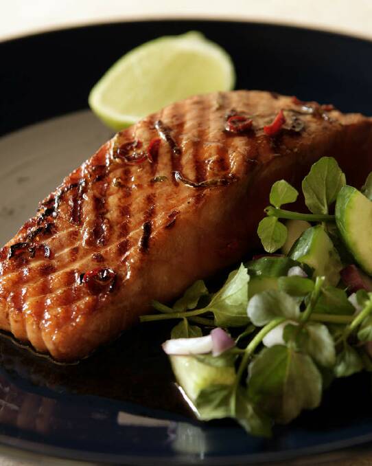Barbecued salmon with a sticky ginger and soy glaze <a href="http://www.goodfood.com.au/good-food/cook/recipe/barbecued-ginger-and-soy-glazed-salmon-20111018-29wn7.html?rand=1417147594932"><b>(Recipe here).</b></a> Photo: Jennifer Soo