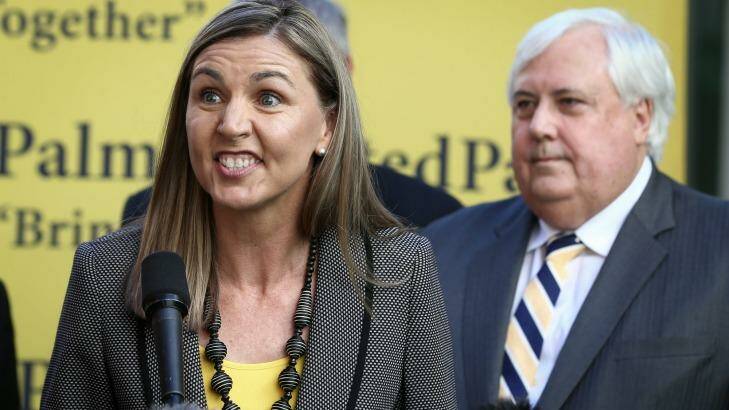 Palmer United Party candidate Suellen Wrightson with PUP leader Clive Palmer on Thursday. Photo: Alex Ellinghausen