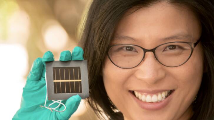 Anita Ho-Baillie, senior research fellow at UNSW, with a record-breaking solar cell.  Photo: UNSW