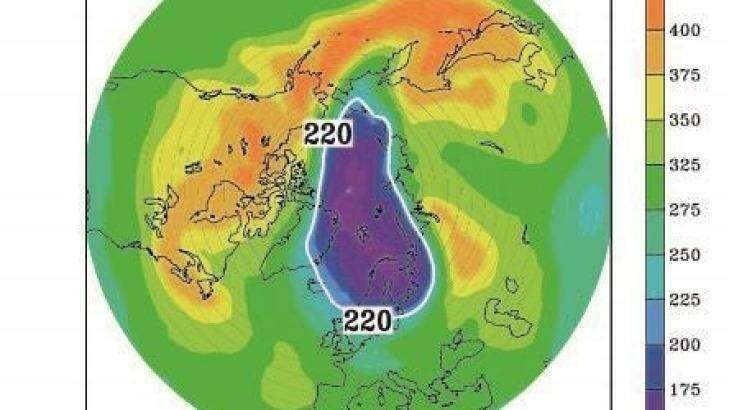 What the ozone hole above the Arctic would have looked like in 2011 without the Montreal Protocol. Photo: supplied