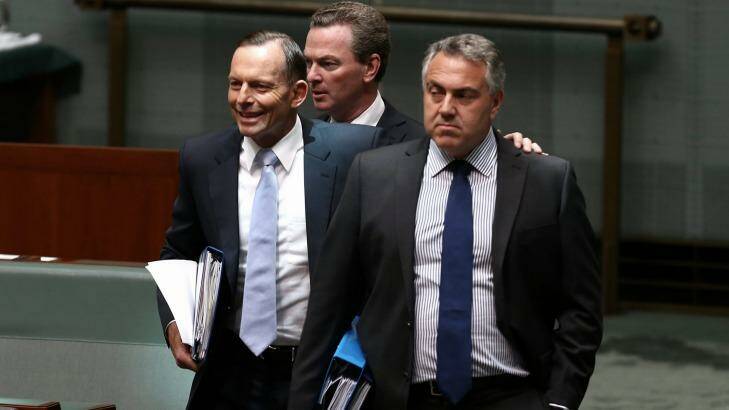 Tony Abbott, Christopher Pyne and Joe Hockey arrive at Question Time on Wednesday. Photo: Alex Ellinghausen