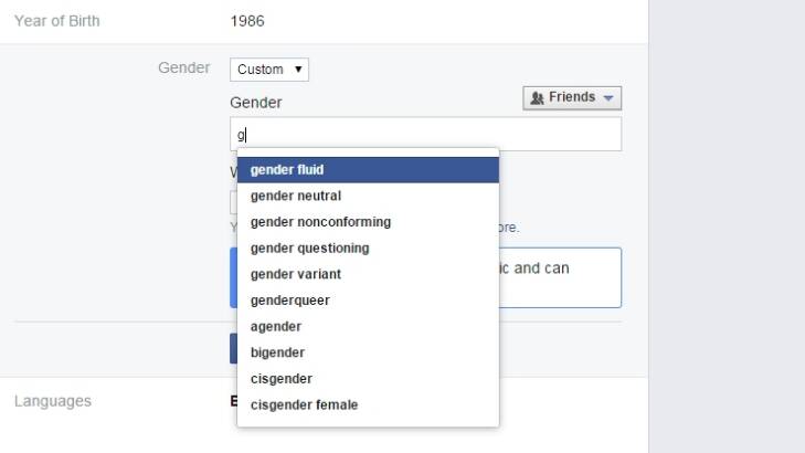 Freedom of choice: Facebook is rolling out custom gender options to all Facebook US English users. Photo: Screenshot: Facebook