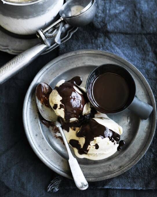 Dan Lepard's banana ice-cream with honey chocolate sauce <a href="http://www.goodfood.com.au/good-food/cook/recipe/banana-ice-cream-with-honey-chocolate-sauce-20150514-3vy82.html"><b>(RECIPE HERE).</b></a> Photo: William Meppem