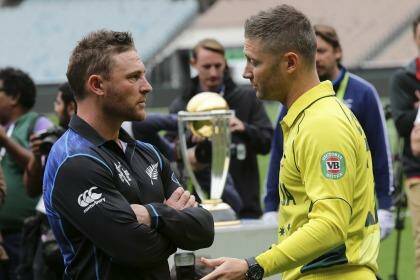 Brendon McCullum and Michael Clarke chat at the MCG on Saturday. Photo: Rob Griffith