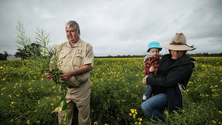Neil Mattiske with his daughter Joanne and grandson Riley on their flood affected farm near Forbes  Photo: Wolter Peeters