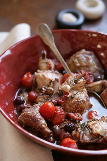 Brigitte Hafner's chicken fricassee with rosemary and cherry tomatoes <a href="http://www.goodfood.com.au/good-food/cook/recipe/chicken-fricassee-with-cherry-tomatoes-rosemary-and-olives-20111019-29usk.html"><b>(recipe here).</b></a> Photo: Marina Oliphant
