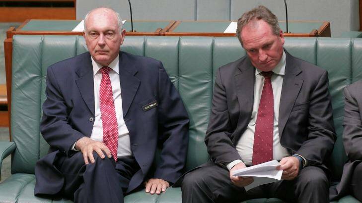 Nationals leader and Deputy Prime Minister Warren Truss and Agriculture Minister Barnaby Joyce in Parliament on Wednesday. Photo: Alex Ellinghausen