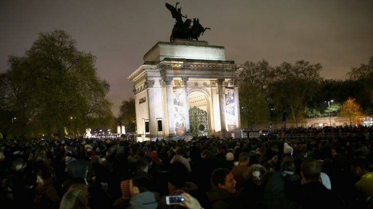 The gathering at Wellington Arch, London for the Anzac Day dawn service. Photo: Chris Jackson