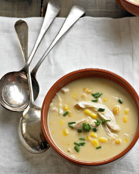 Creamy chicken and corn soup <a href="http://www.goodfood.com.au/good-food/cook/recipe/creamy-chicken-and-corn-soup-20130725-2qls1.html"><b>(recipe here).</b></a>