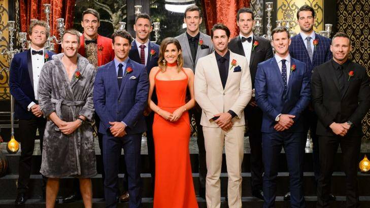 The Bachelorette with all her potential suitors, back at the beginning of the show.