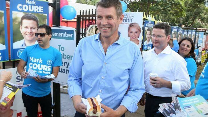 NSW Premier Mike Baird also visited Hurstville Grove Primary School on polling day in the state election Photo: Andrew Meares