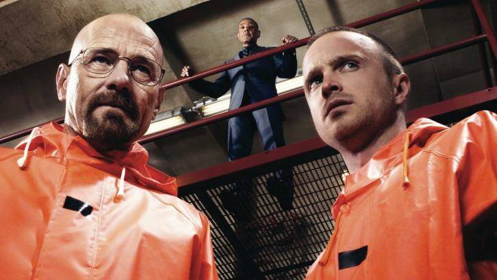 Walter White (Brian Cranston) and Jesse Pinkman (Aaron Paul) in a scene from <i>Breaking Bad</i>