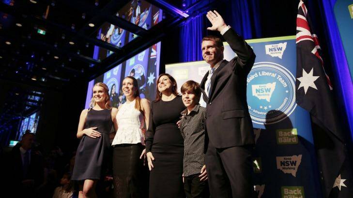 Mike Baird celebrates election victory with his family.  Photo: Shu Yeung