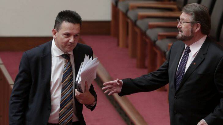 Senator Cory Bernardi with Senator Nick Xenophon and Senator Derryn Hinch at Parliament House in Canberra on Wednesday 15 February 2017. Photo: Andrew Meares 
