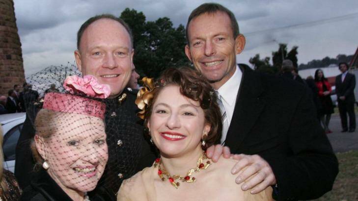 Bronwyn Bishop at the wedding of Sophie Mirabella, with Prime Minister Tony Abbott and another wedding guest, in 2006.  Photo: Rebecca Hallas 